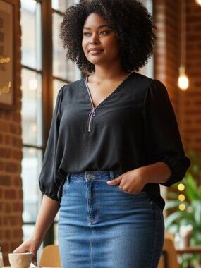 Black Blouse Zip Front Ring Pull Top 3/4 Sleeve Minimalist Chic Size XL